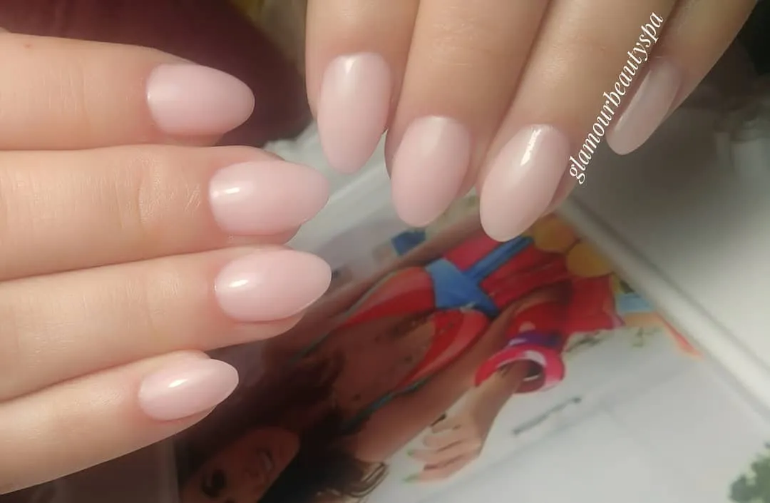Long nude almond gel extensions with a natural finish — Glamour Beauty & Spa, Athlone